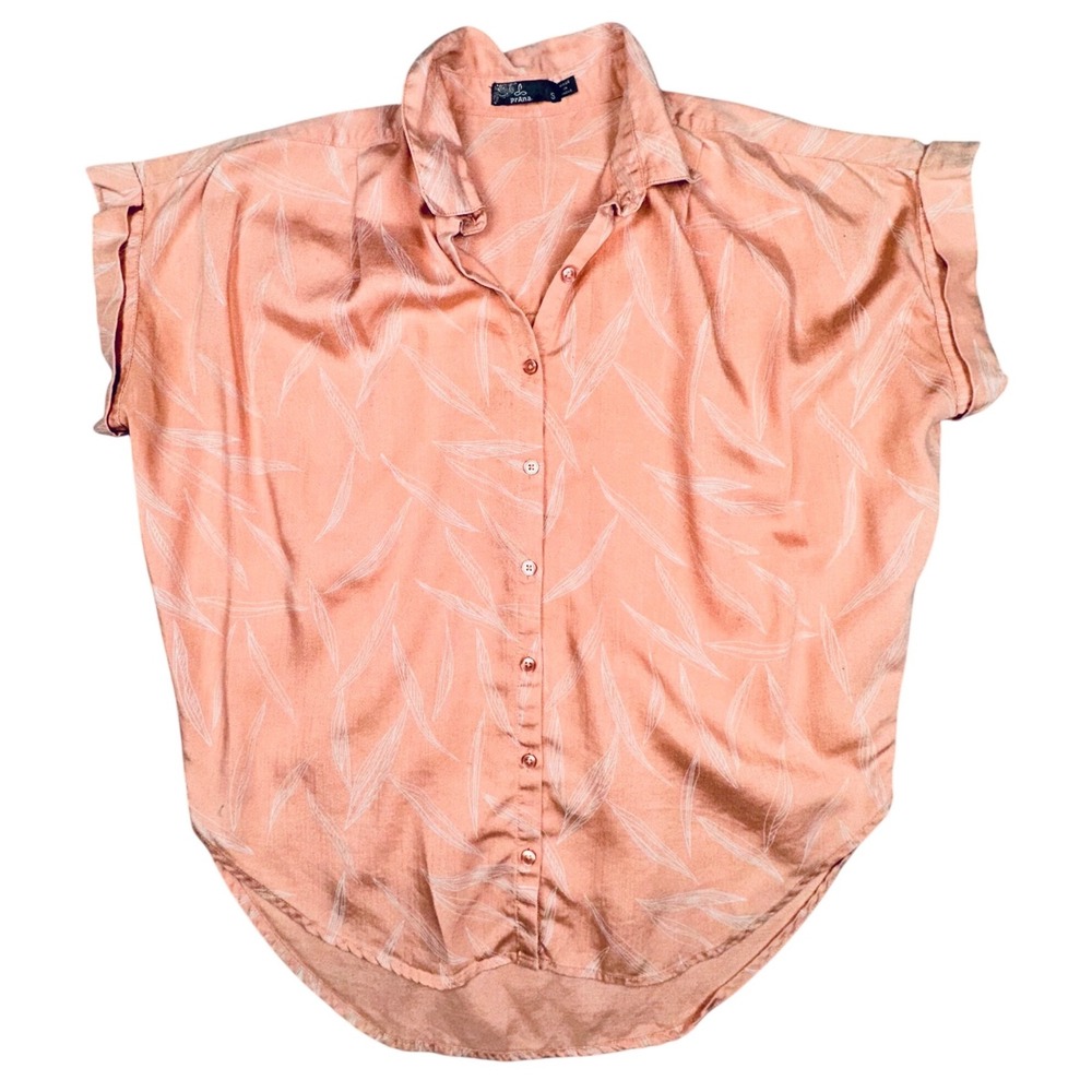prAna As Standard Shirt Women Small Peach Leaf Print Button Down Travel Boho Top